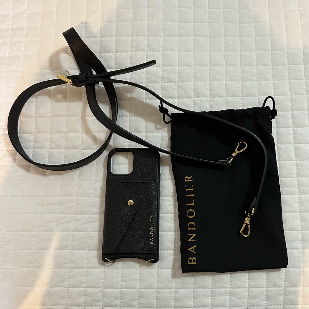 Bandolier Hailey Side Slot Leather Crossbody. Black/gold.